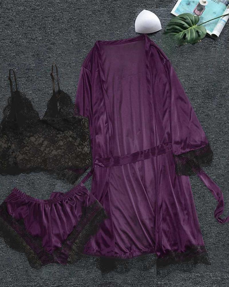 

3PCS Satin Lace Trim Cami Set With Robe, Purple