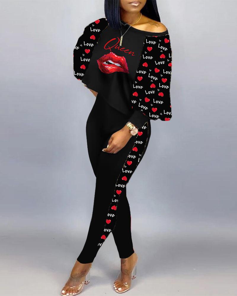 

Valentine' Day Lip Love Heart Print Lantern Sleeve Top & Pants Set, Black