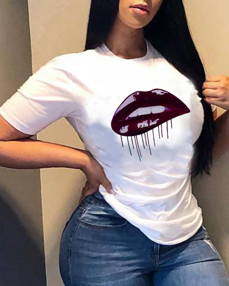 

Colorblock Lips Print Short Sleeve T-shirts, Style7