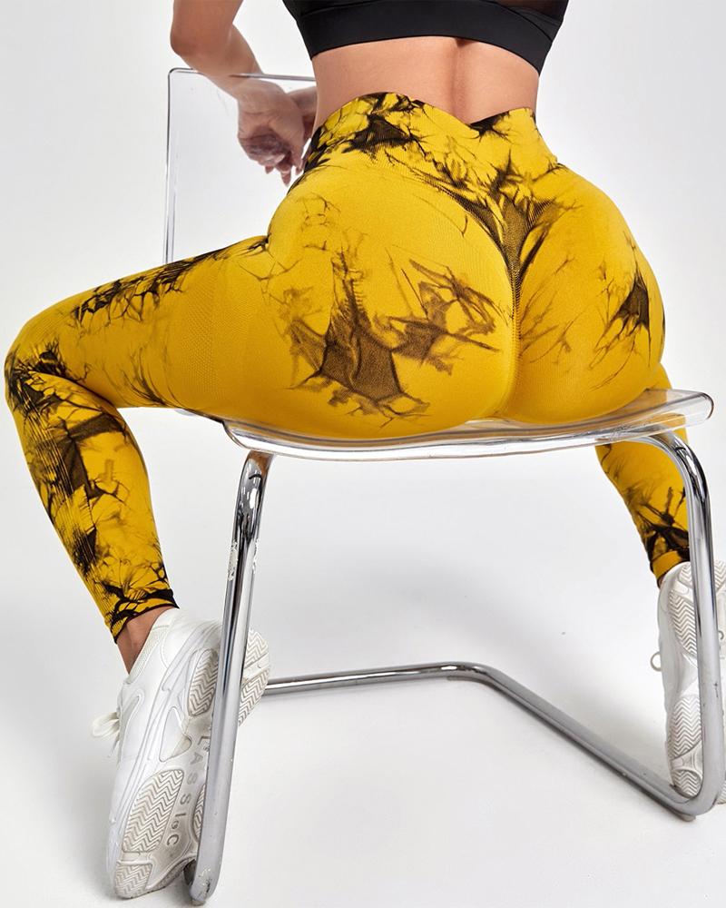 

Tie Dye Print High Waist Tummy Control Butt Lift Leggings, Yellow