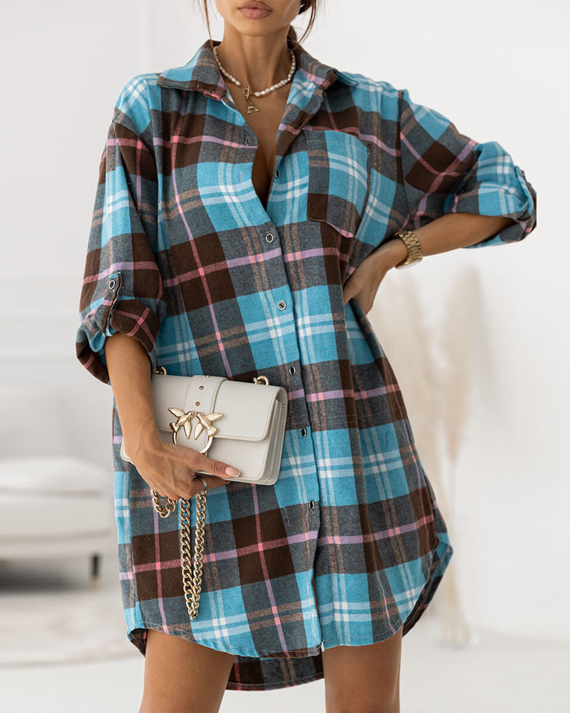 

Plaid Print Roll Up Sleeve Button Down Shirt Dress, Blue