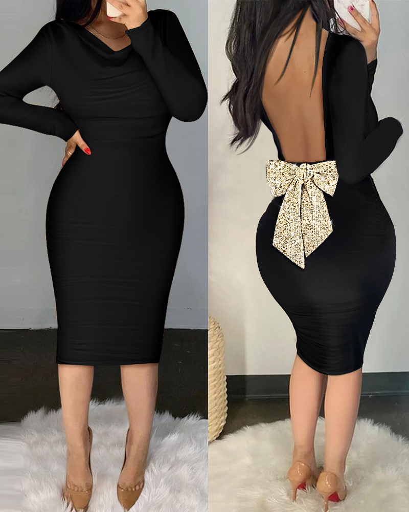 

Cowl Neck Long Sleeve Ruched Bodycon Dress Sparkly Sequin Bowknot Decor Backless Midi Dresses, Black