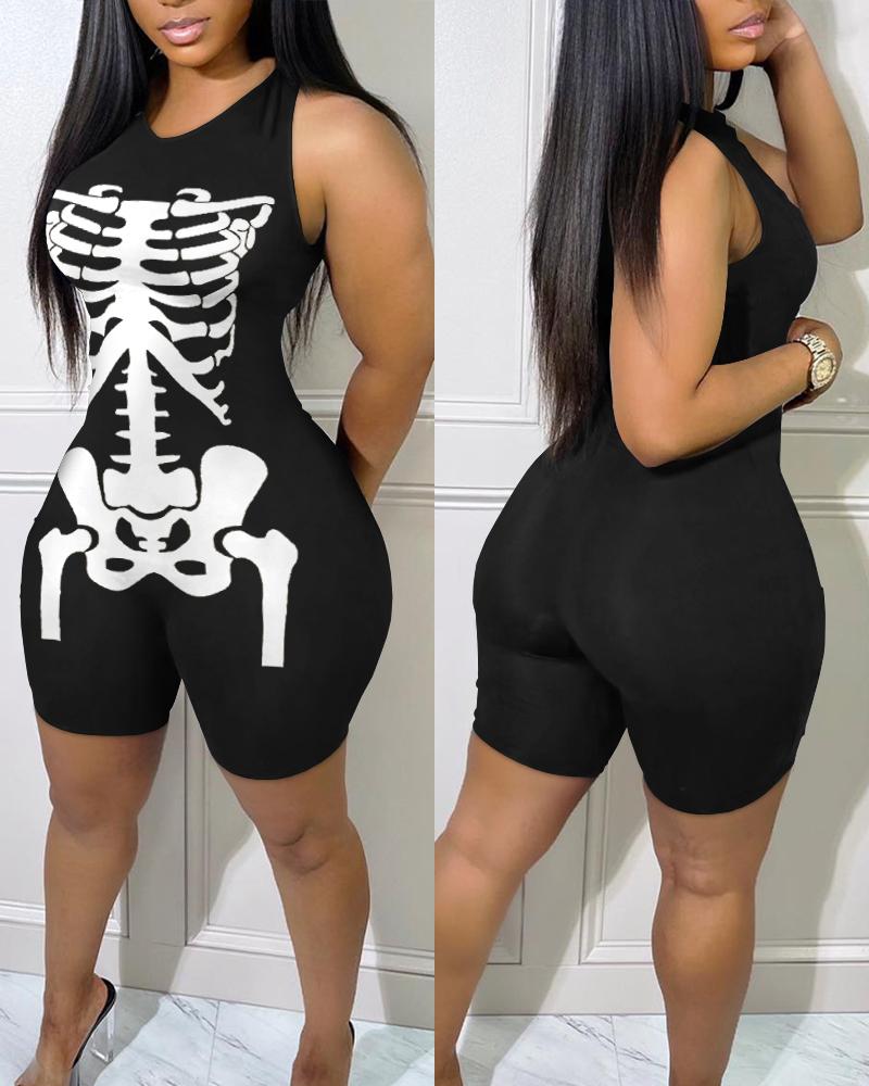 

Halloween Skeleton Print Sleeveless Romper, Black