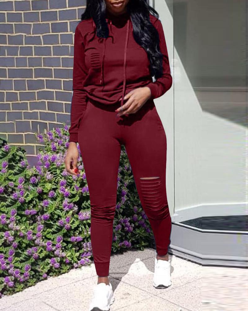 

Solid Ladder Cut Out Hooded Oversized Tracksuits, Wine red