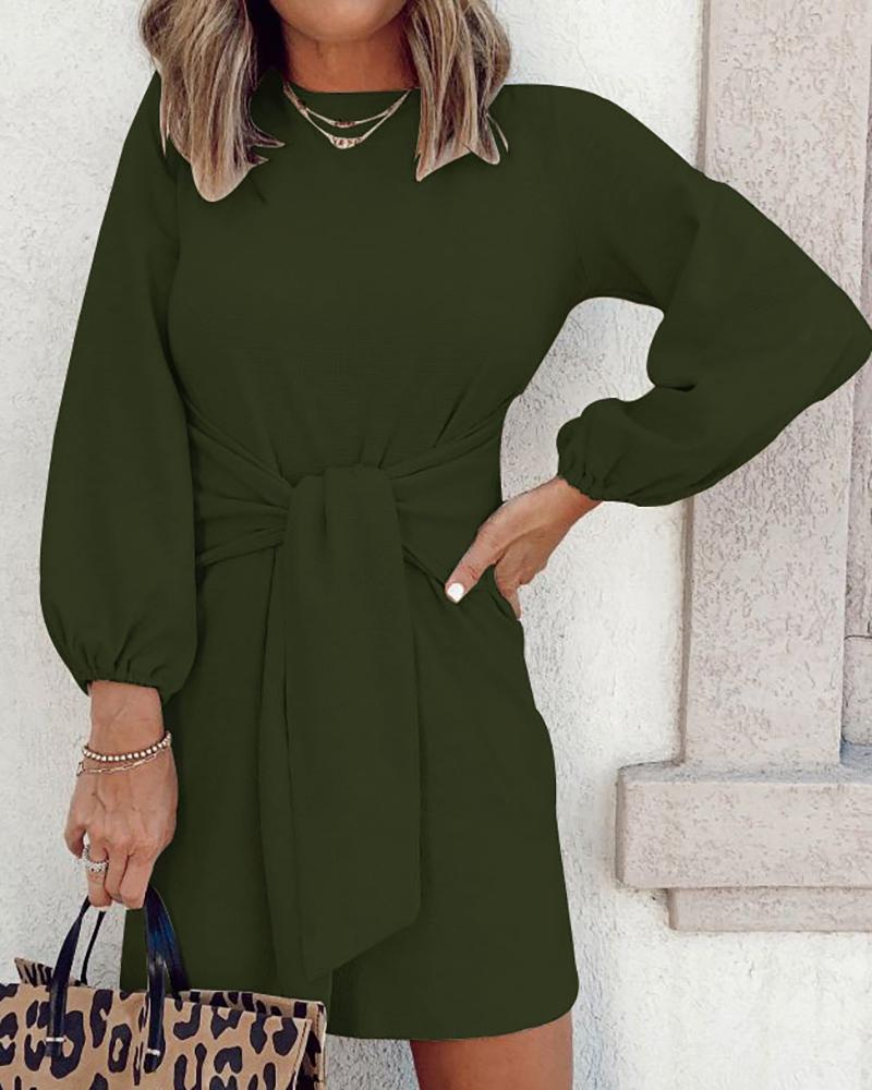 

Lantern Sleeve Tied Detail Knit Casual Dress, Army green