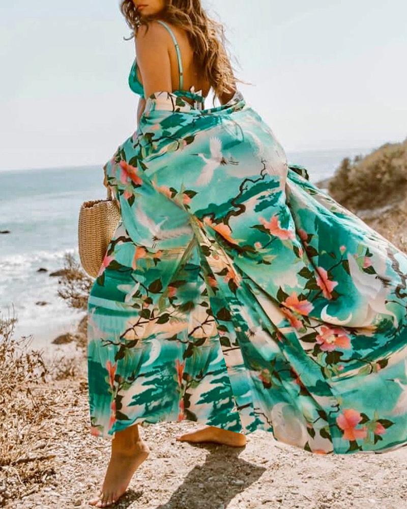 

Graphic Print Long Sleeve Cover Up, Green
