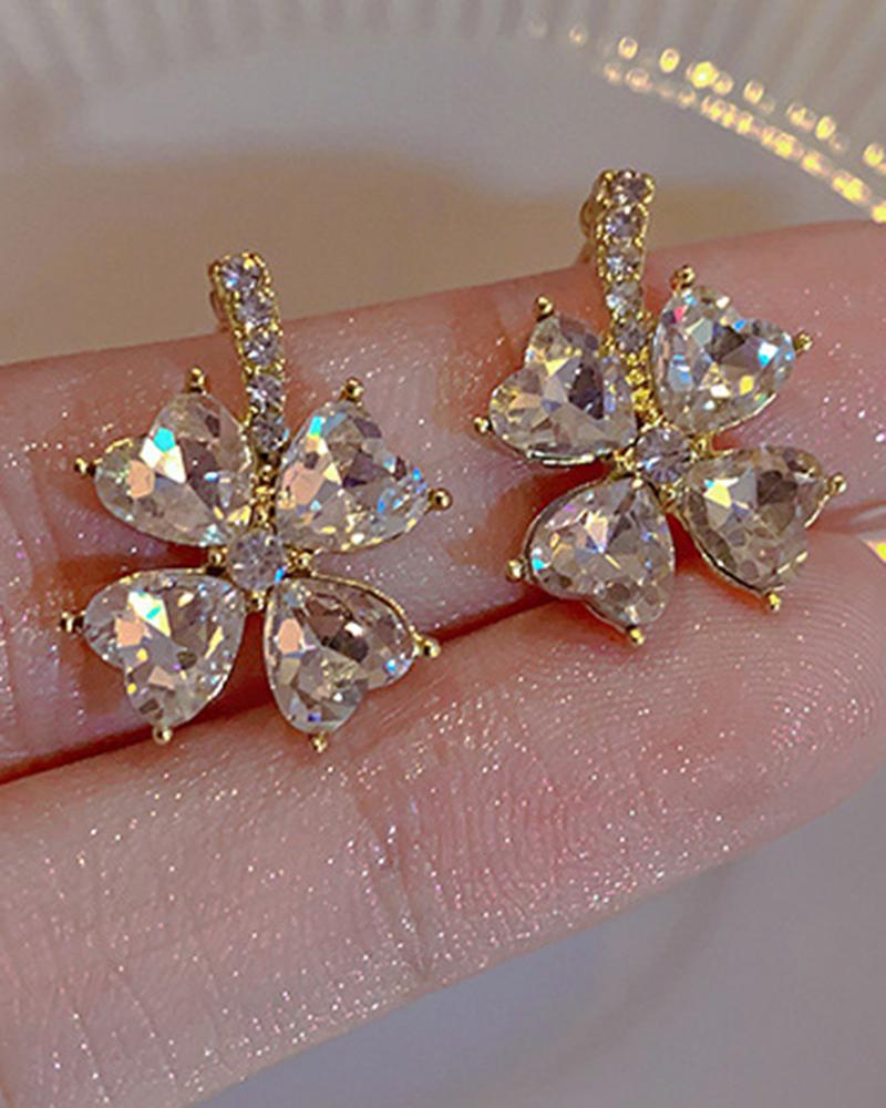 

1Pair Rhinestone Heart-shaped Clover Earrings, Gold