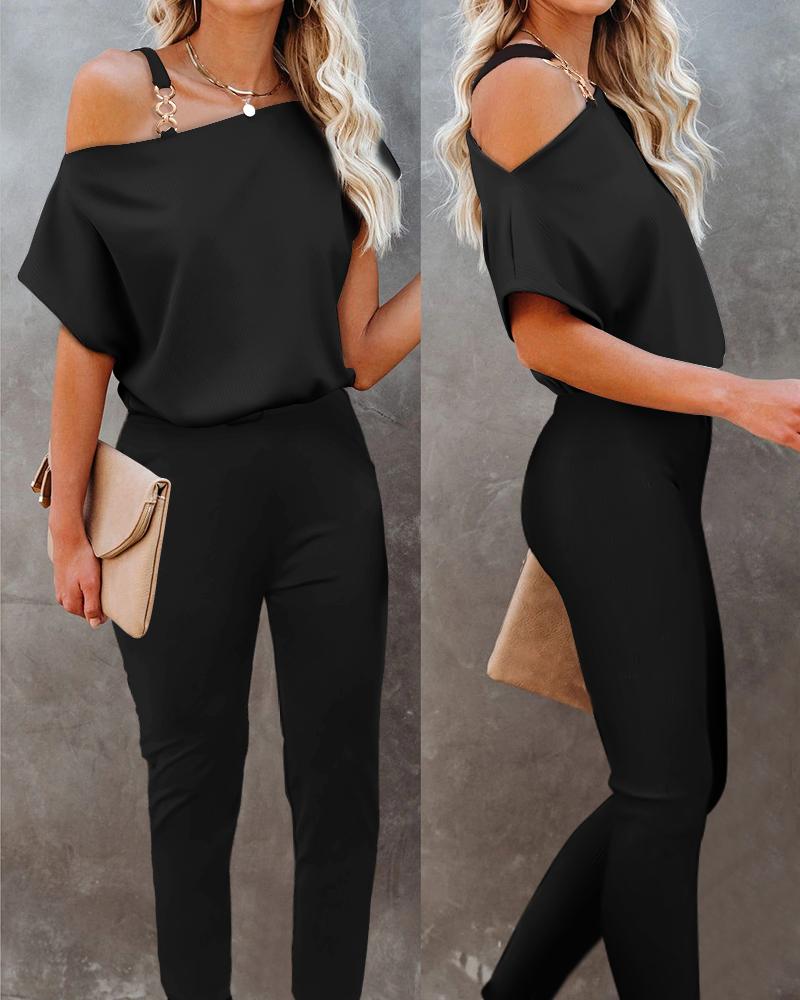 

One Shoulder Chain Strap Short Sleeve Jumpsuit, Black