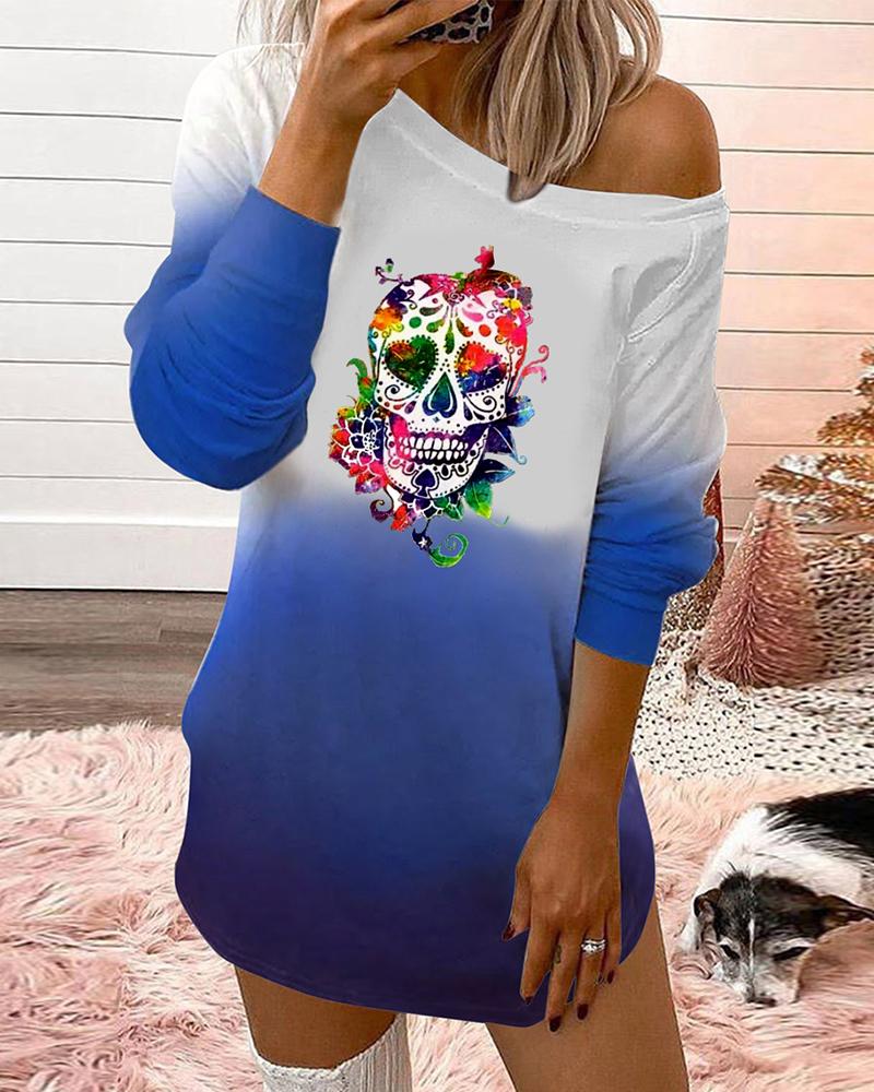 

Skull Print Colorblock Long Sleeve Top, Blue