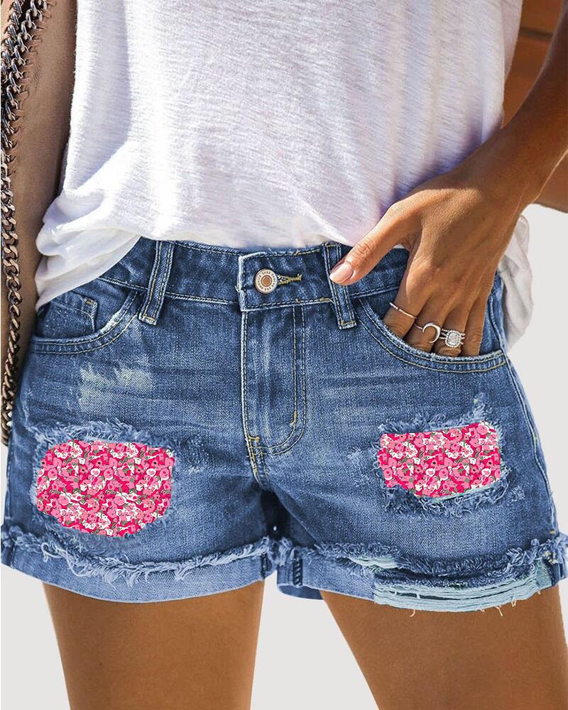 Pink Ditsy Floral Print Patchwork Ripped Denim Shorts