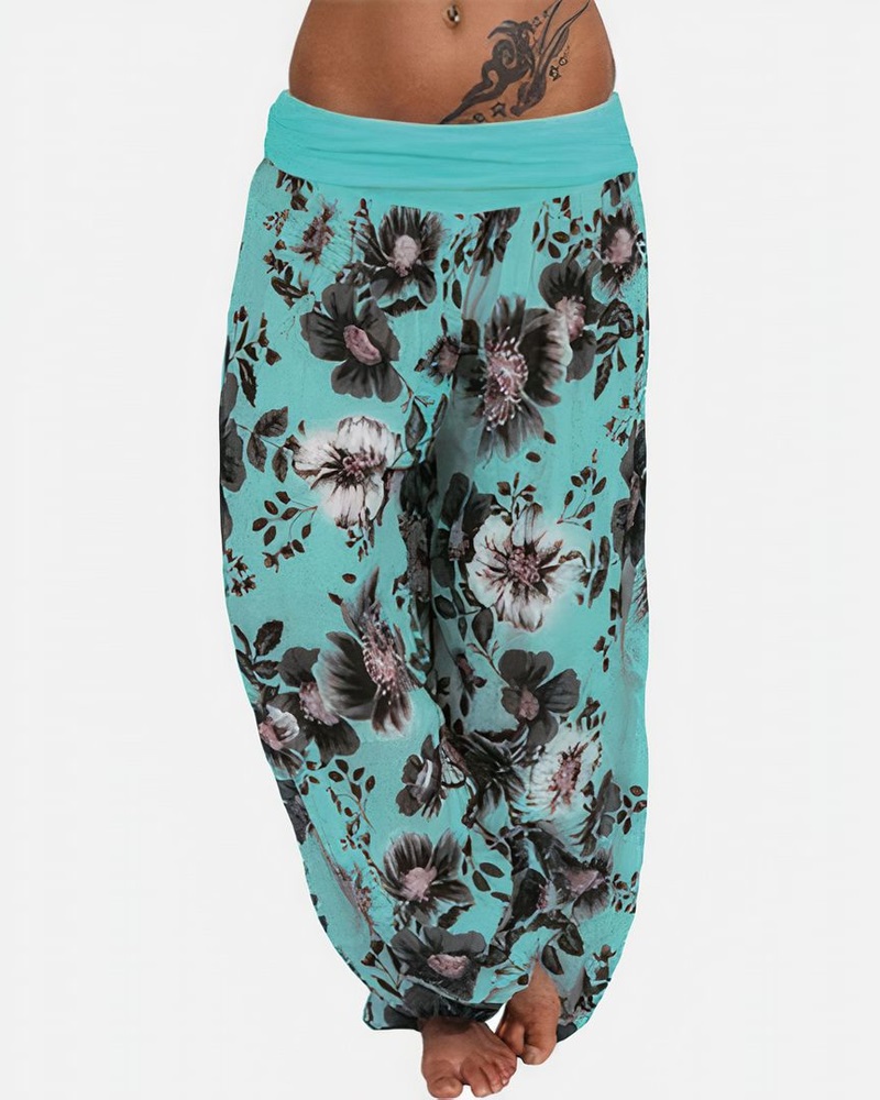 

Floral Print Ruched Low Waist Harem Pants, Green