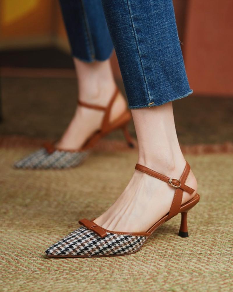 

Houndstooth Pointed-toe High Heel Sandals, Brown