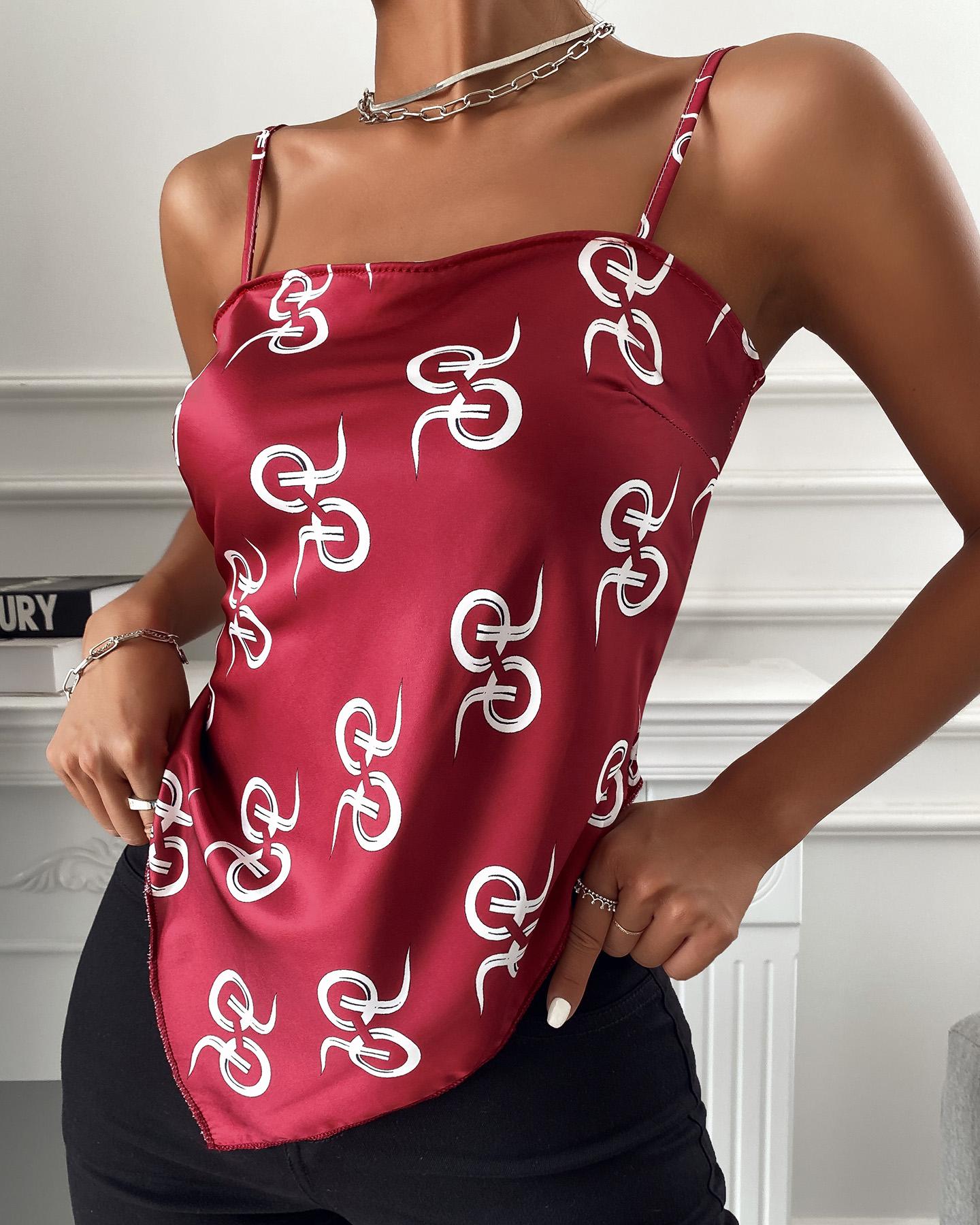 

Abstract Print Bowknot Handkerchief Backless Top, Wine red