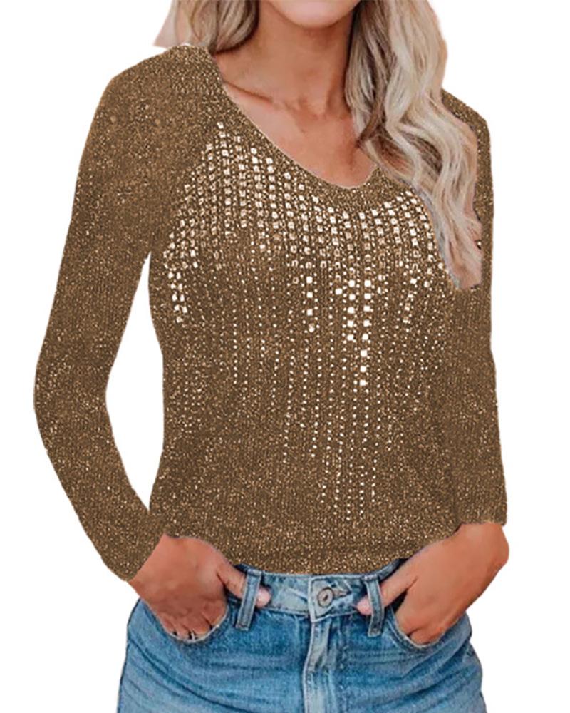 

V Neck Rhinestone Decor Long Sleeve Knit Top, Brown