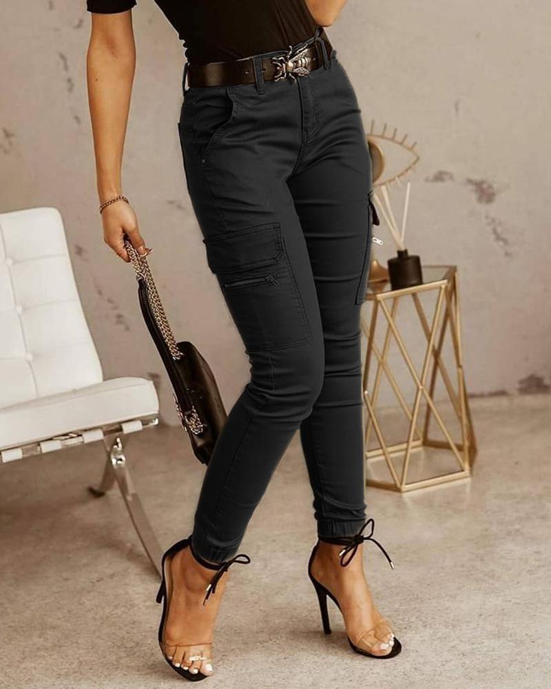 

Zipper Pocket Design Casual Pants Without Belt, Black