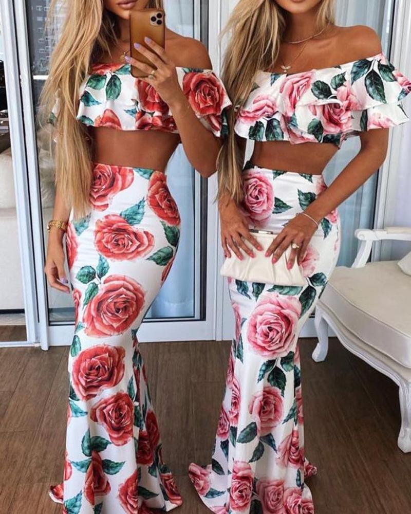 

Floral Print Off Shoulder Ruffles Crop Top & Mermaid Skirt Set, Red