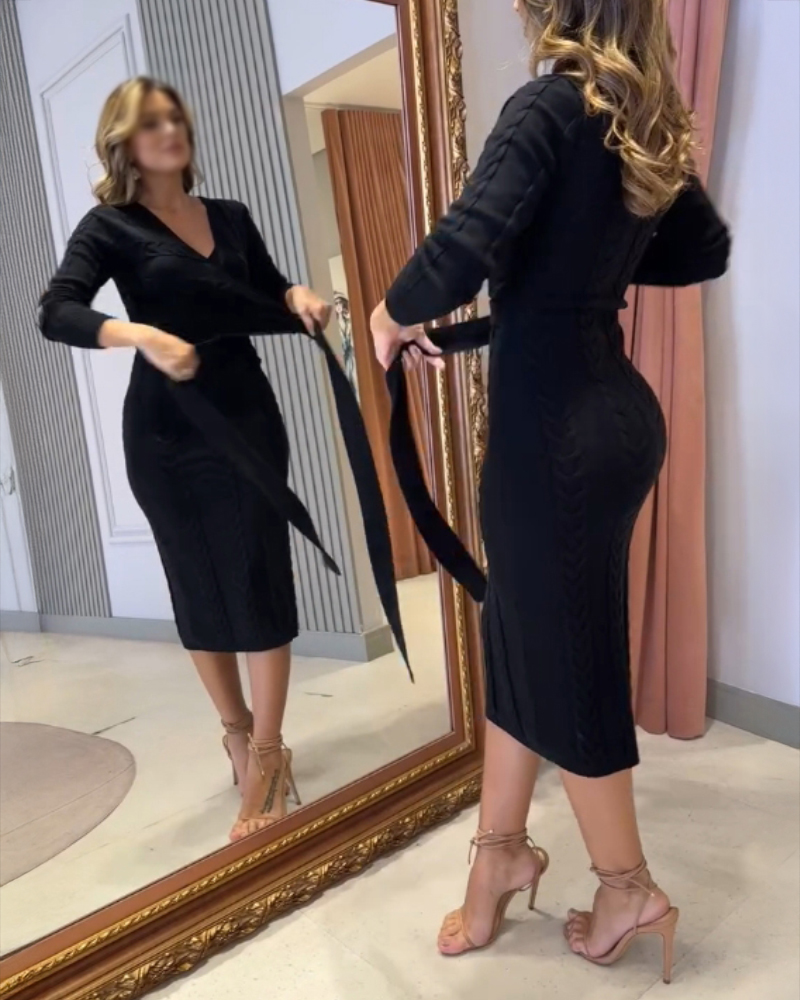

Cable Textured Overlap Deep V-Neck Long Sleeve Mid-Length Dress Tie Waist Slim Fit Knit Dress, Black