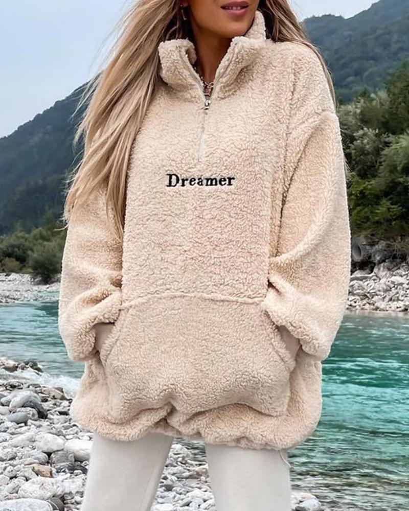 

Embroidery Letter Pocket Zipper Front Fuzzy Sweatshirt, Apricot