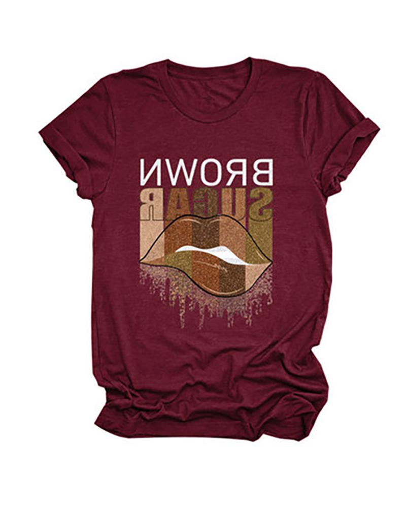 

Letter Lip Print Short Sleeve T-Shirt, Wine red