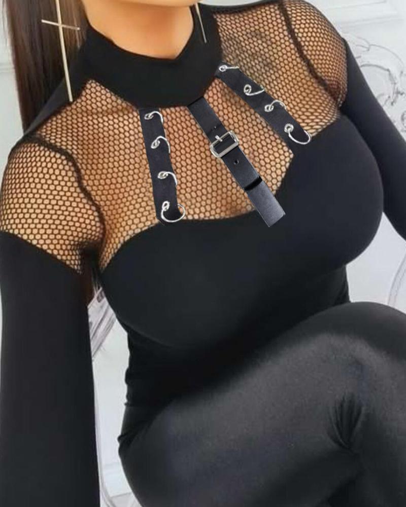

Contrast Fishnet Buckle Detail Long Sleeve Top, Black