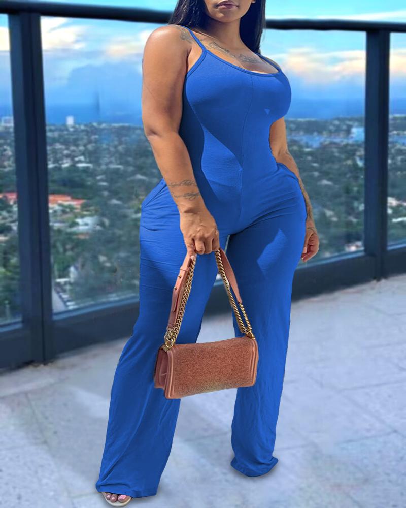 

Plus Size Spaghetti Strap Scoop Neck Pocket Design Jumpsuit, Blue