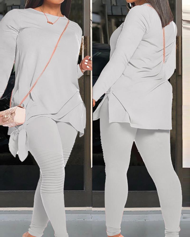 

Knotted Slit Long Sleeve Top & Ruched Pants Set, Gray