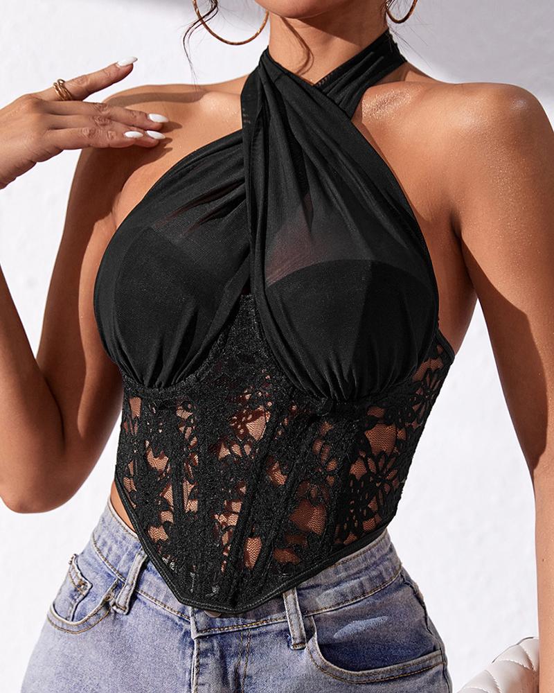 

Cross Halter Crochet Lace Hanky Hem Corset Top, Black