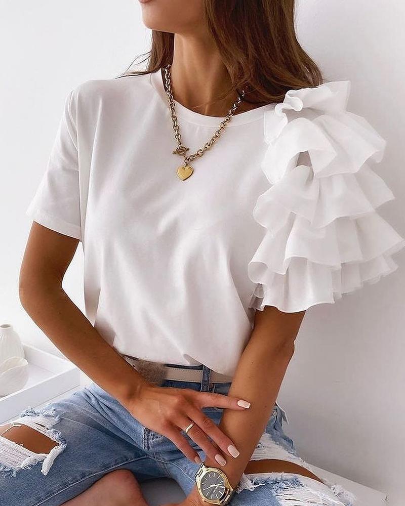 

Layered Ruffles Short Sleeve T-shirt, White