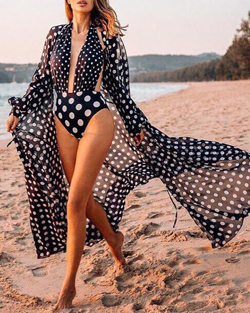 

Polkadot Print Lantern Sleeve Cover Up, Black