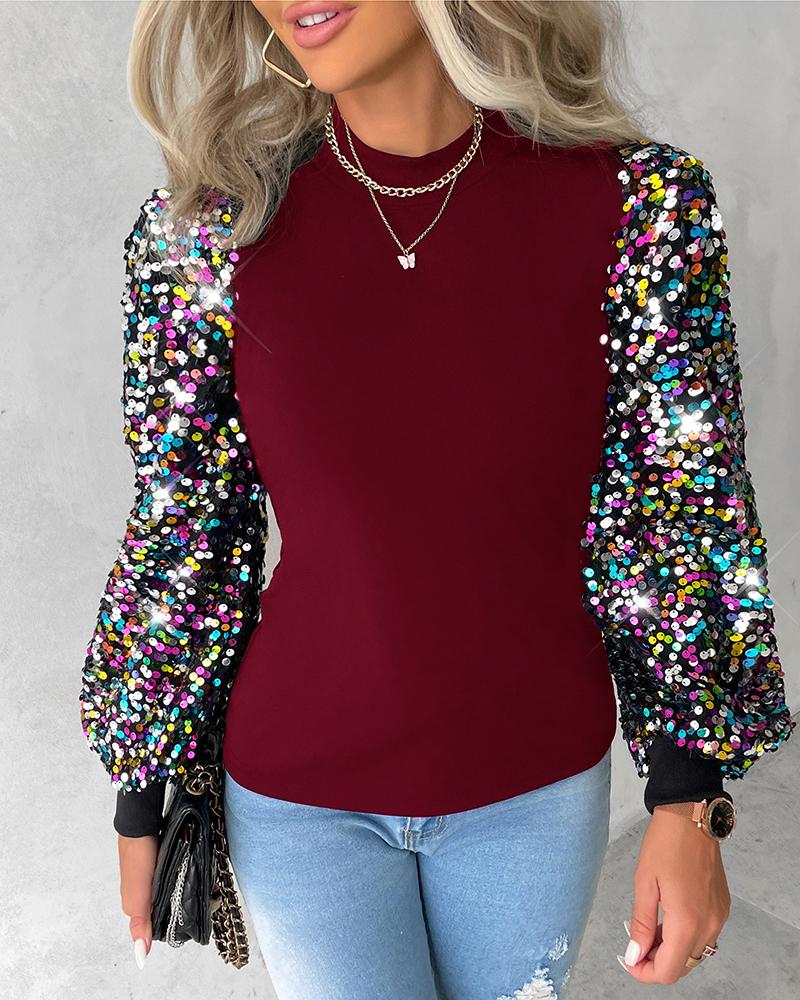 

Colorful Sequins Lantern Sleeve Top, Dark red