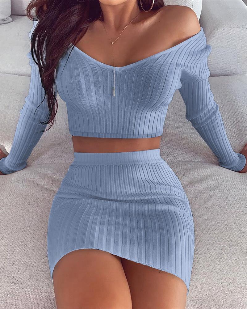 

Long Sleeve Ribbed Crop Top & Skirt Sets, Light gray