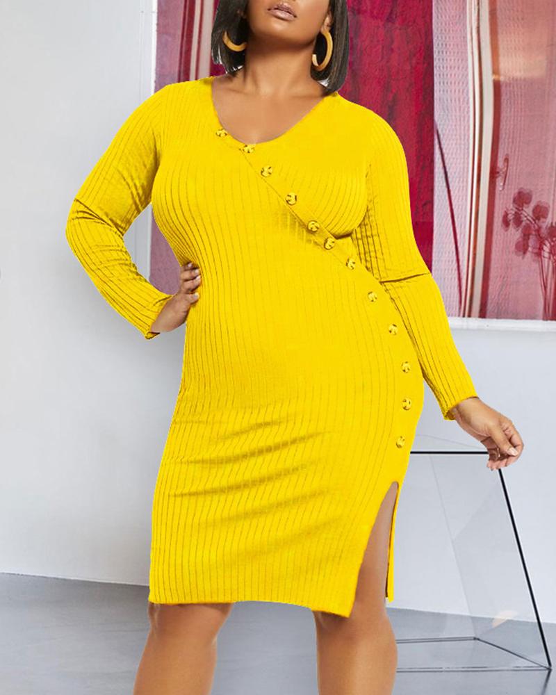 

Plus Size Button Detail Long Sleeve Ribbed Bodycon Dress, Yellow