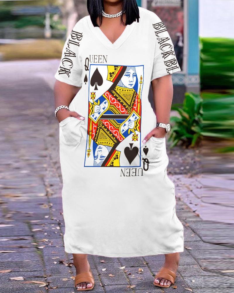 

Plus Size Poker Card Letter Print Pocket Design Casual Dress, White