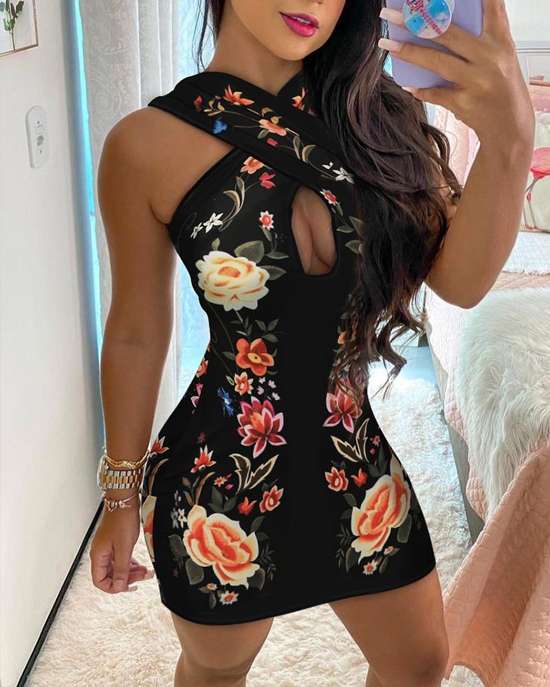 

Halter Cutout Front Floral Print Dress, Black
