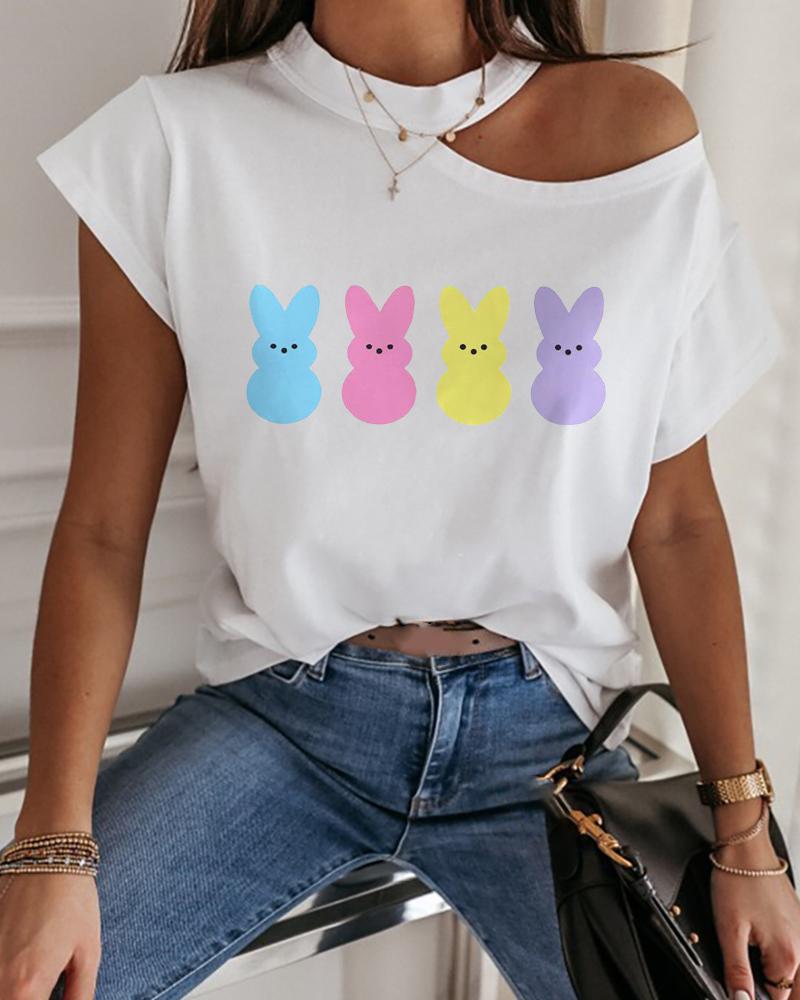 

Happy Easter Bunny Print Cold Shoulder T-shirt, White
