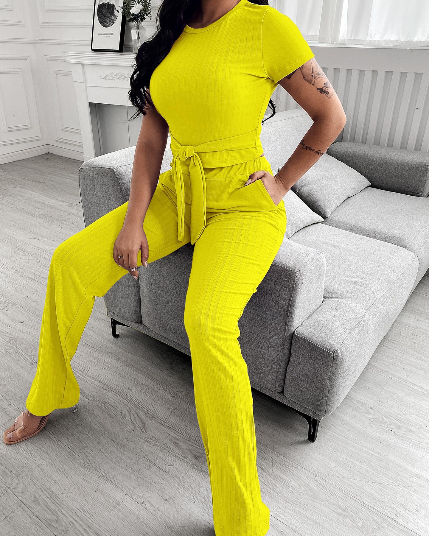 

Tied Detail Crop Top & Wide Leg Pants Set, Yellow