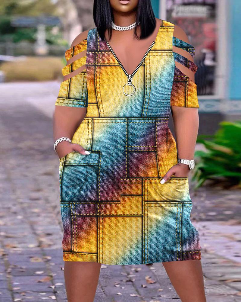 

Plus Size Denim Look Print Rainbow Ombre Cold Shoulder Casual Dress, Multicolor