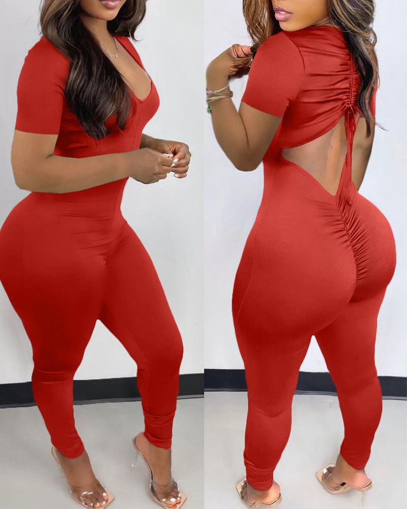 

Cutout Back Drawstring Ruched Skinny Jumpsuit, Red