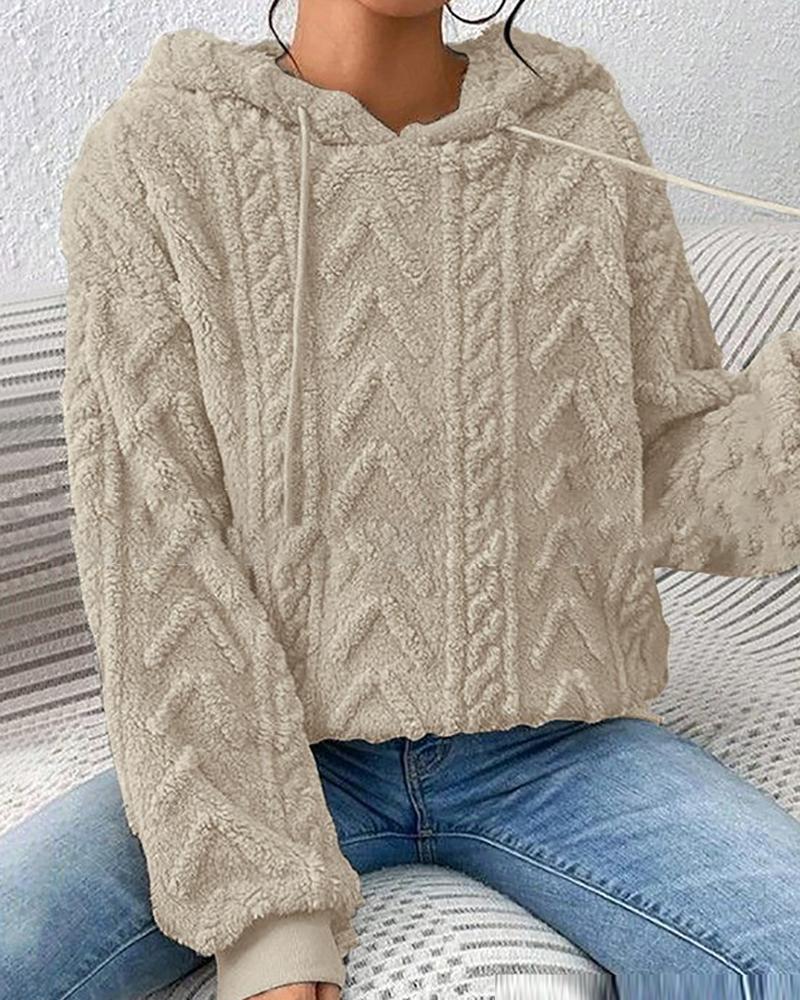 

Fuzzy Cable Textured Casual Hoodie, Beige