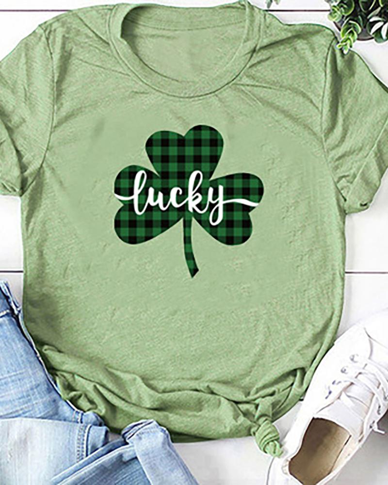 

Plaid & Letter Clover Print Short Sleeve Casual T-shirt, Green