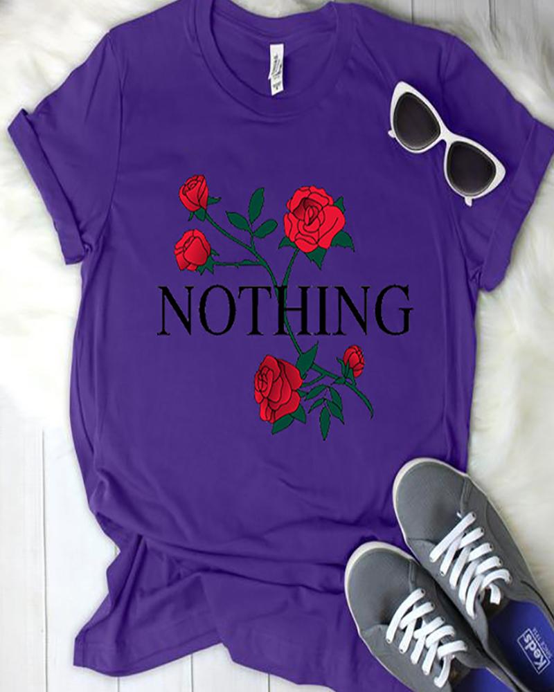 

Letter Floral Print Short Sleeve Casual T-shirt, Purple