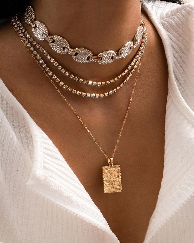 

Butterfly Pattern Square Shaped Studded Chain Necklace, Gold