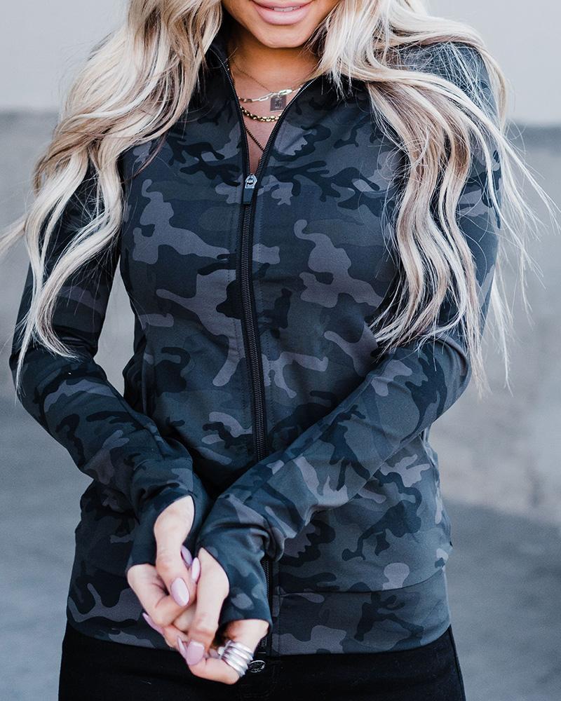 

Long Sleeve Zipper Pocket Design Camouflage Print Coat, Camoflage