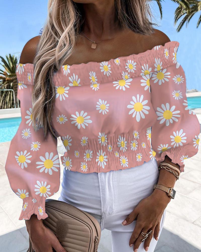 

Off Shoulder Daisy Print Shirred Lantern Sleeve Top, Pink