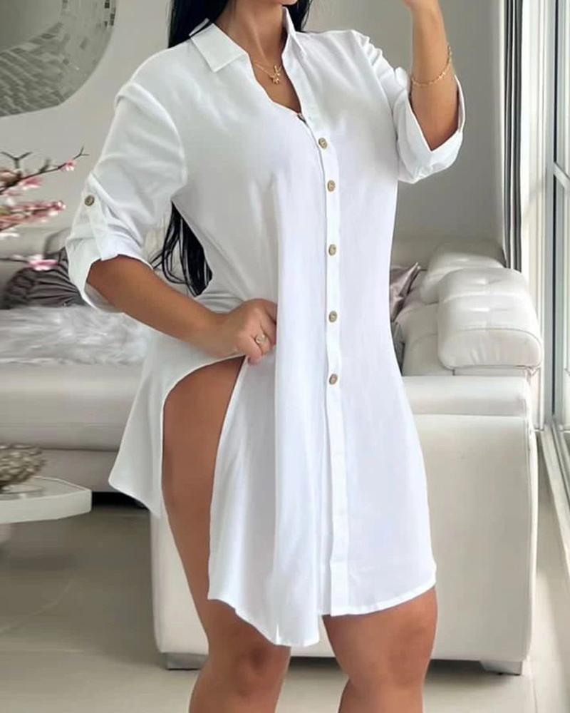 

Roll Up Sleeve Buttoned Slit Casual Shirt, White