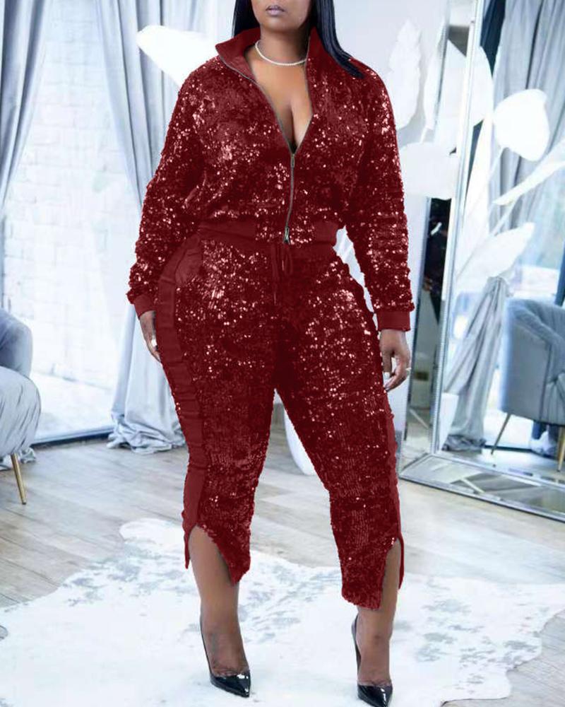 

Zipper Design Sequin Coat & Slit Pants Set, Red