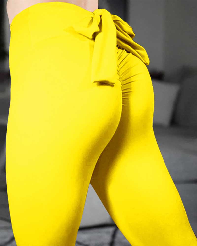 

Tied Detail Bowknot High Waist Butt Lift Stretchy Yoga Pants, Yellow