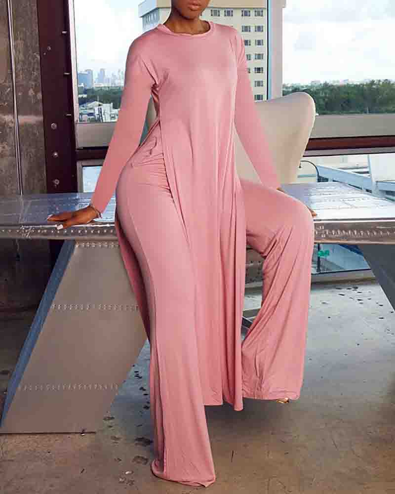 

High Slit Longline Top & Pocket Design Pants Set, Pink