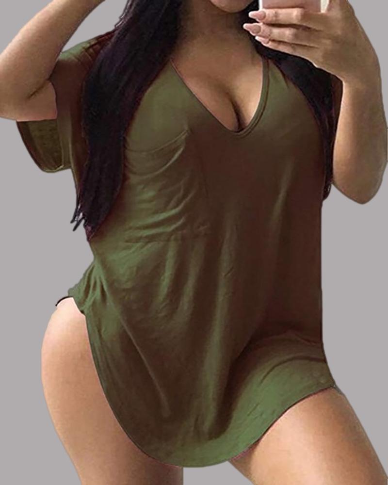 

V Neck Short Sleeve Casual T-shirt, Army green