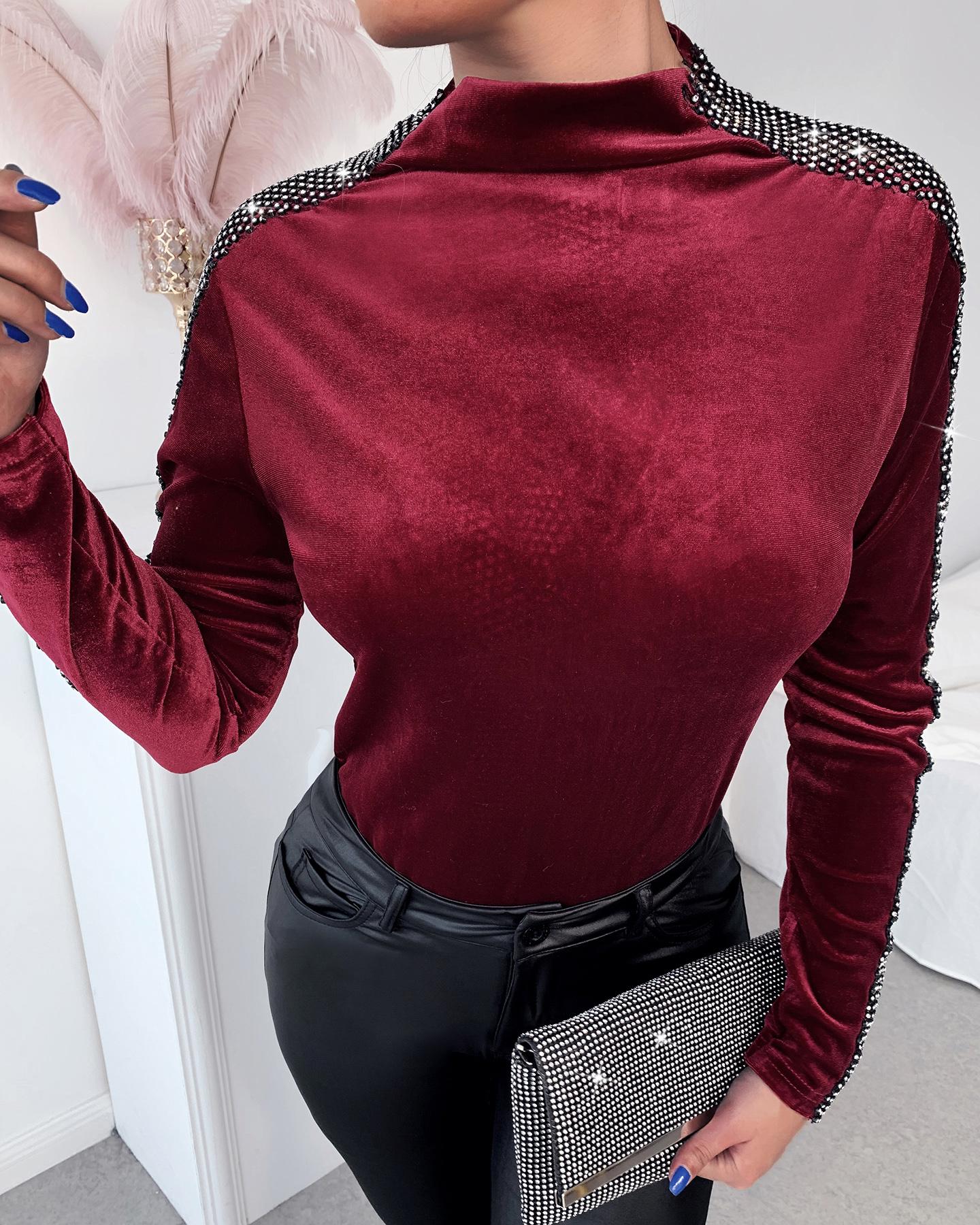 

Studded Long Sleeve Top, Red